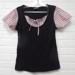 Yessica Black Fooler Knit Top White With Pink Flowers Cap Sleeves Keyhole Size M